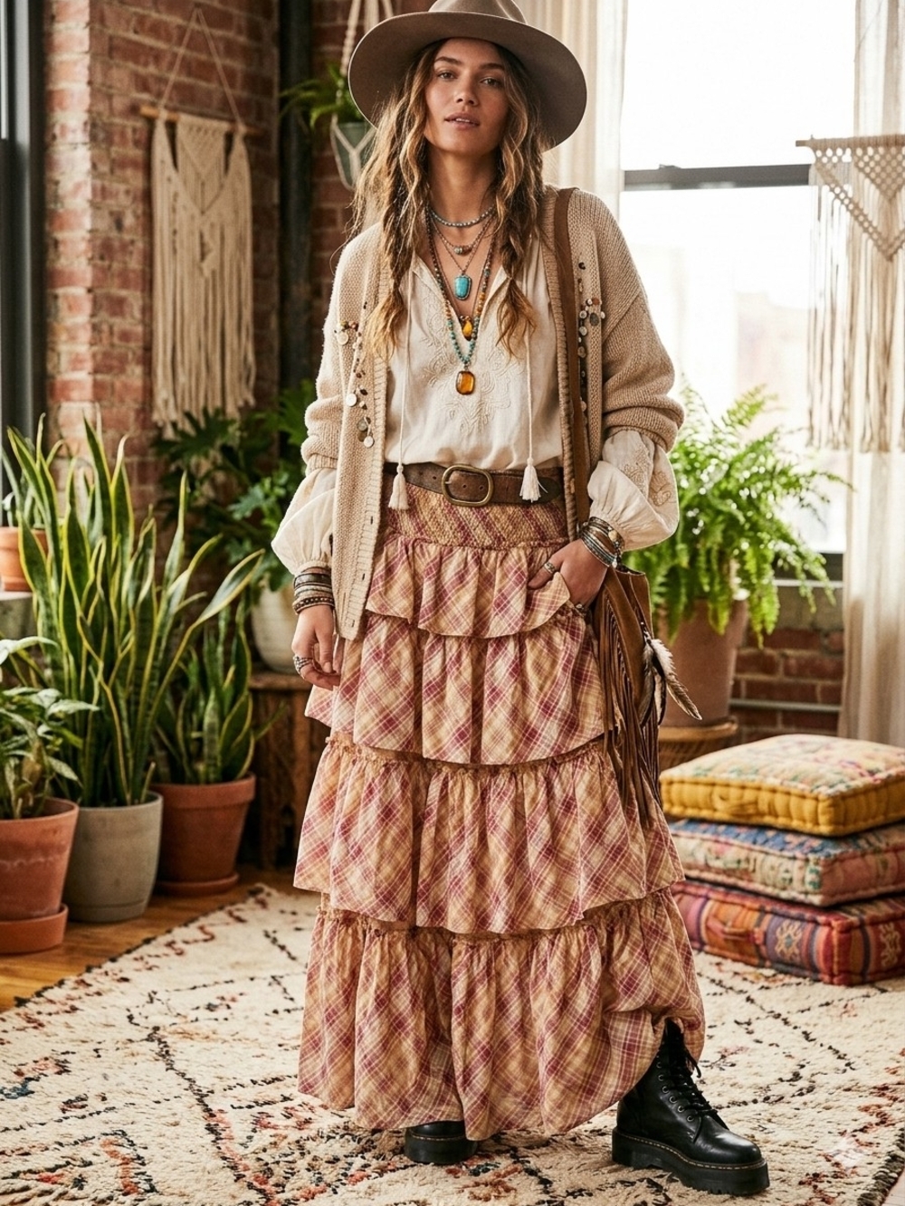 Free People Tiered Plaid Maxi Skirt in Muted Pink 100% Cotton Size L